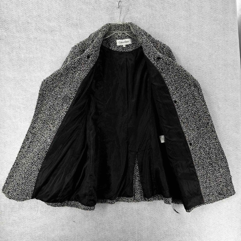 CALVIN KLEIN PeaCoat Women 12 Herringbone Jacket Black Wool Double Breasted - Picture 3 of 10